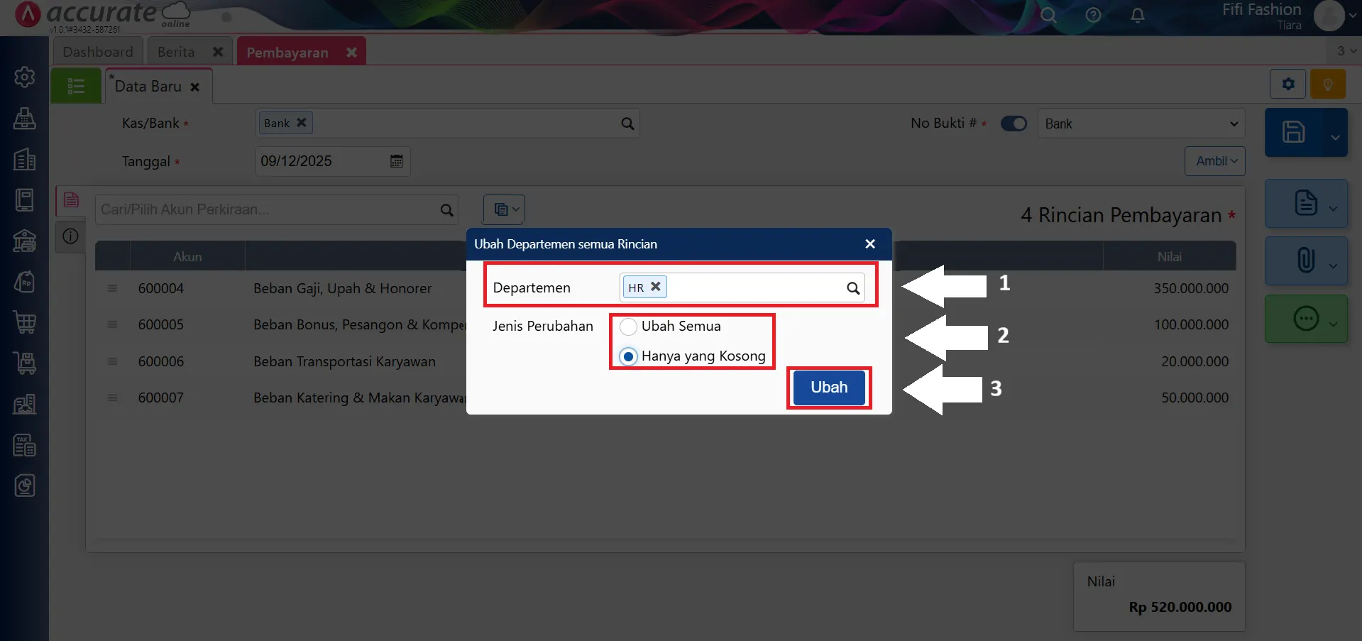 Mengubah departemen/proyek pada akun kosong